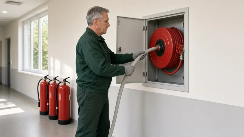 Technik v rukaviciach kontroluje hadicu nástenného hydrantu na chodbe firmy, pri stene stojí rad hasiacich prístrojov.